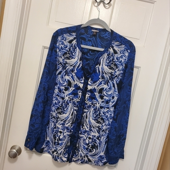 Dana Buchman Blue Paisley Print Blouse Size 14 Missy - Picture 1 of 8